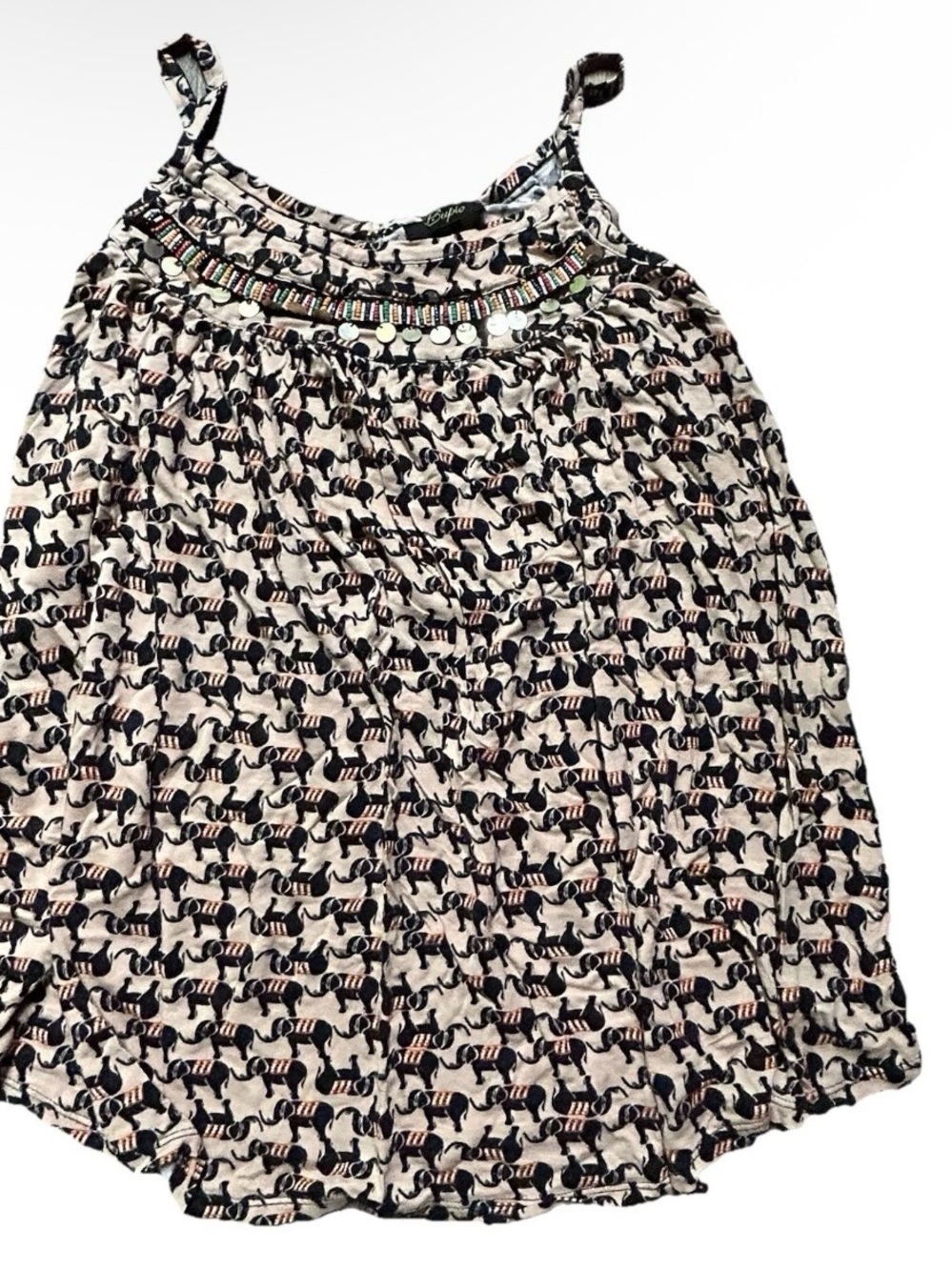 Women’s Cupio Beige Summer Tank Top Elephants Beads Size Large